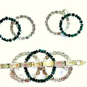 Vintage Double Circle Brooch Earrings Clear Green Rhinestones Screw Demi Parure